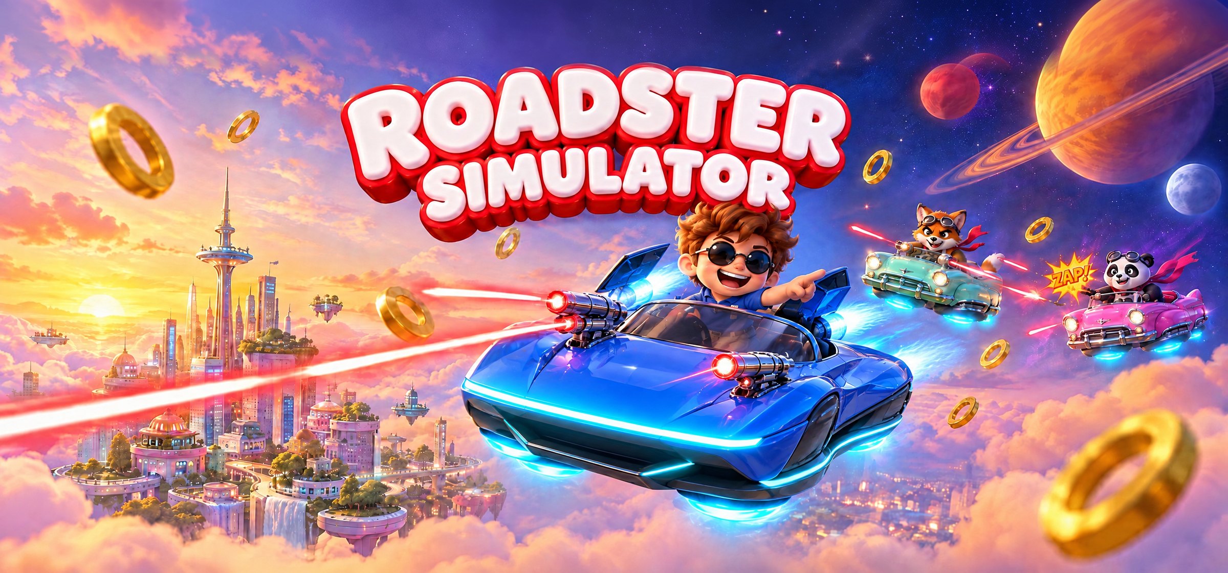 Roadster Simulator — a pilot in a blue electric flying roadster racing rival animal pilots over a sunset sky-city